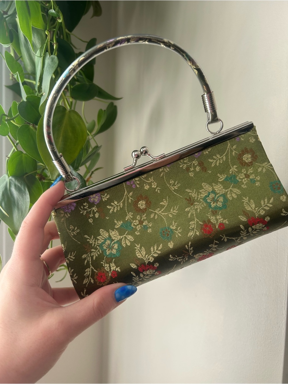 Olive Green Floral Brocade Evening Handbag